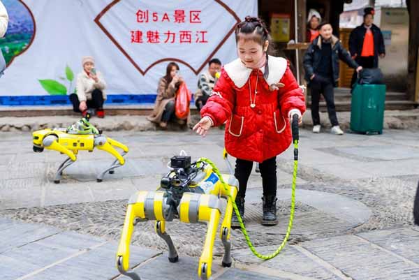 Robot dogs dance their way into the hearts of visitors at Xijiang Qianhu Miao Village in SW China's Guizhou