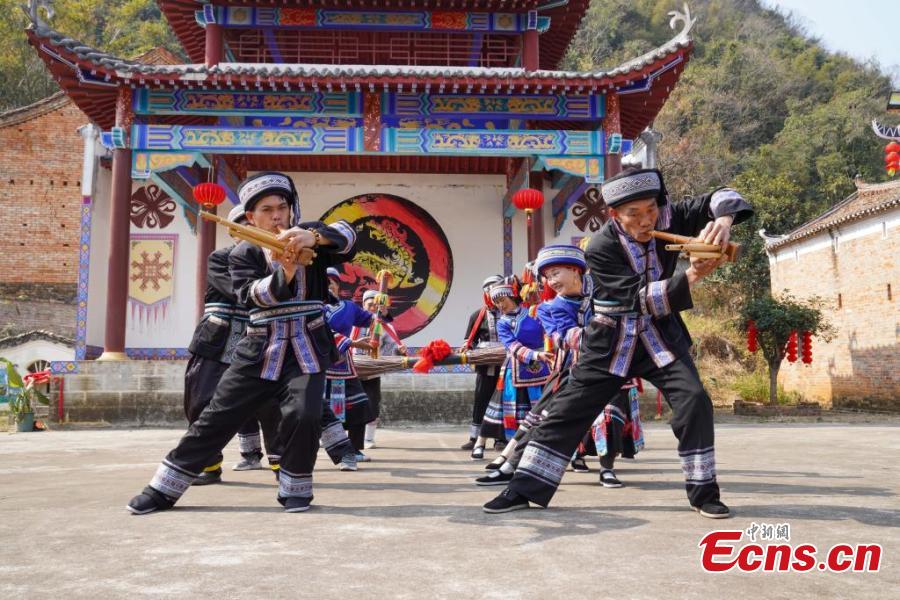 Villagers perform Long Drum Dance to mark Spring Festival in Guangxi